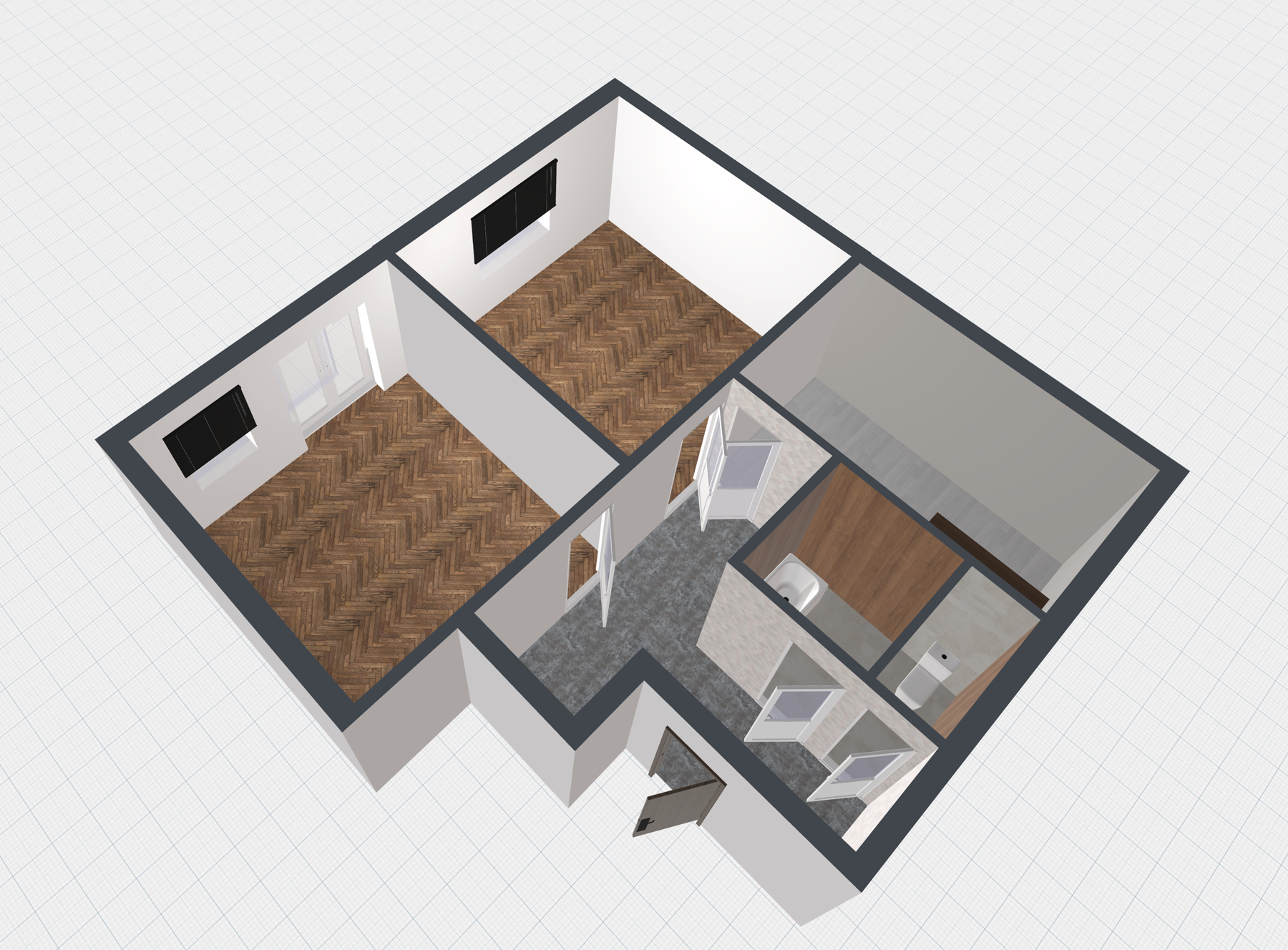 3D izometrický pôdorys bytu — dve izby, predsieň, samostatná kuchyňa, kúpeľňa a WC